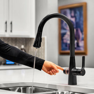 4N1 Instant Hot Water System with Leak Detector classic black faucet being turned on