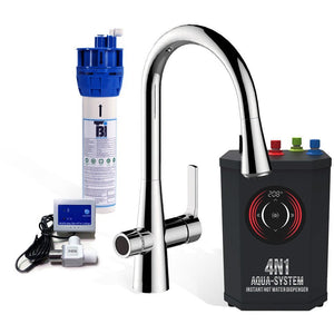 Instant hot water system with leak detector and filter