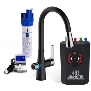 instant hot water dispenser with black faucet, leak detector, and filter