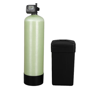 Clack WS 1.5 EE Water Specialist softener with tall fiberglass resin tank and black brine tank