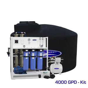 Commercial Mid-Flow Reverse Osmosis System front view with storage tank and pump